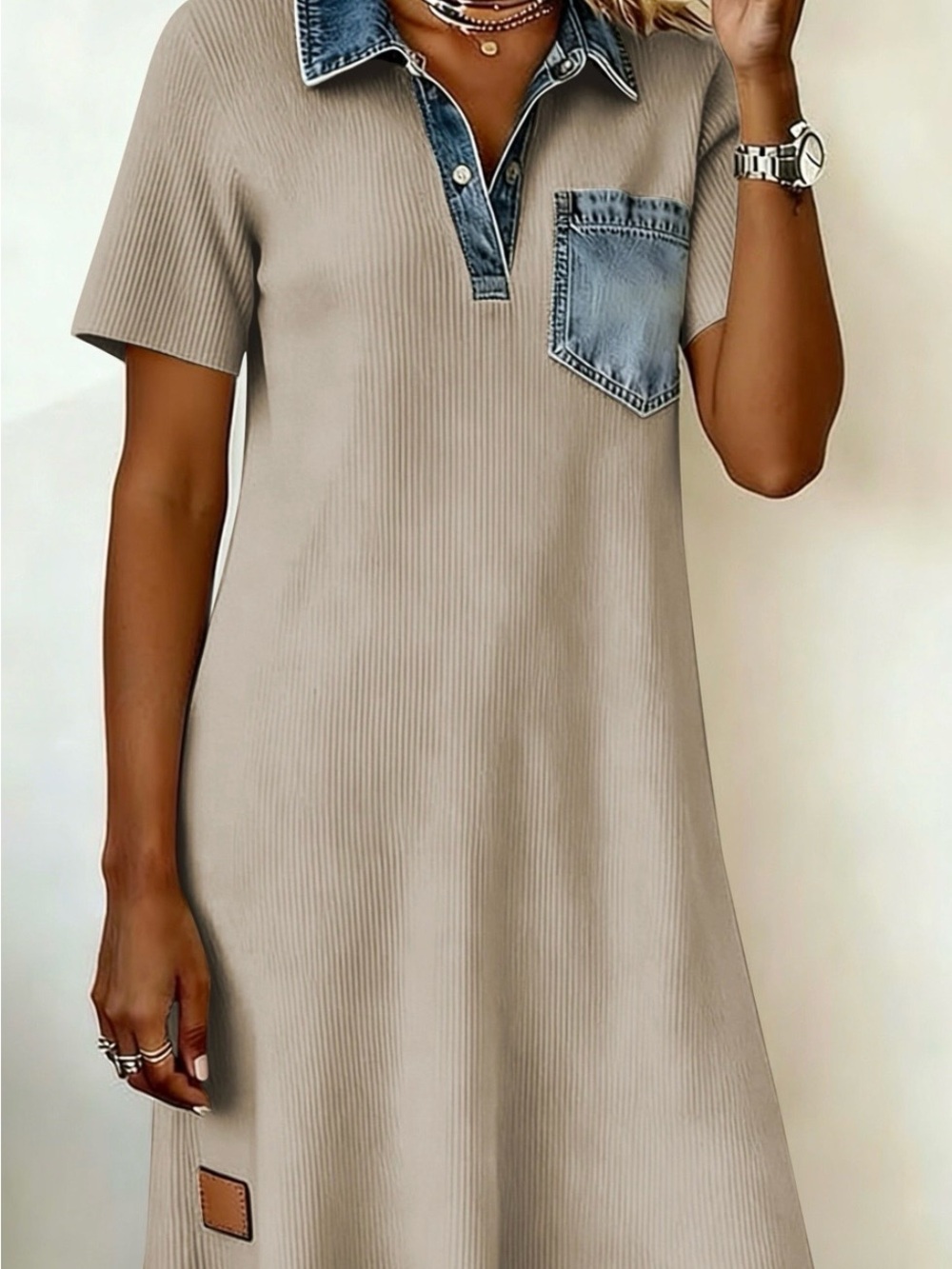 Casual Ribbed Polo Dress with Denim Trim - Taupe